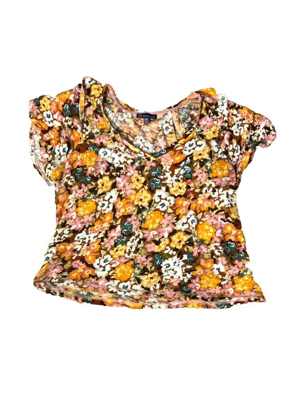 Democracy Top Medium Petite Floral Flutter Sleeve Blouse Gold Green Brown